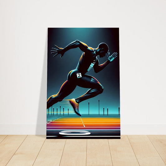 Canvas artwork of a sprinter mid-race with dramatic lighting and shadows emphasizing speed, strength, and motion on a vibrant track.