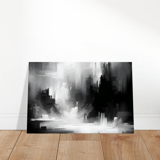 Abstract black and white painting with textured brushstrokes representing the interplay of light and shadow in a modern, minimalist style.