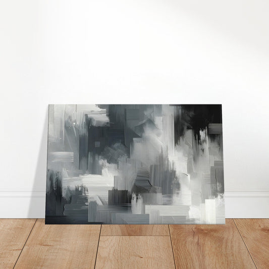 Grayscale abstract canvas featuring varied textured brushstrokes resembling abstract shadows and silhouettes.