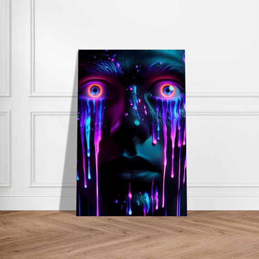 Portrait of a tense figure with black and dark purple paint drips, expressing fear and emotional intensity in modern art style.