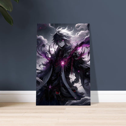 Dark fantasy artwork of Shadowveil, a menacing armored figure with glowing eyes, surrounded by smoky shadows and lightning.