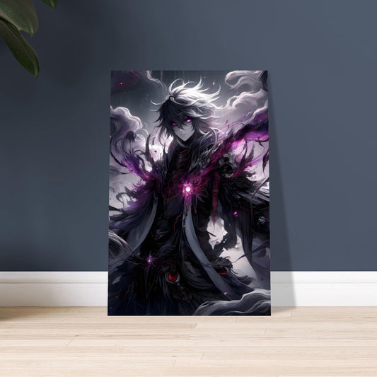 Dark fantasy artwork of Shadowveil, a menacing armored figure with glowing eyes, surrounded by smoky shadows and lightning.