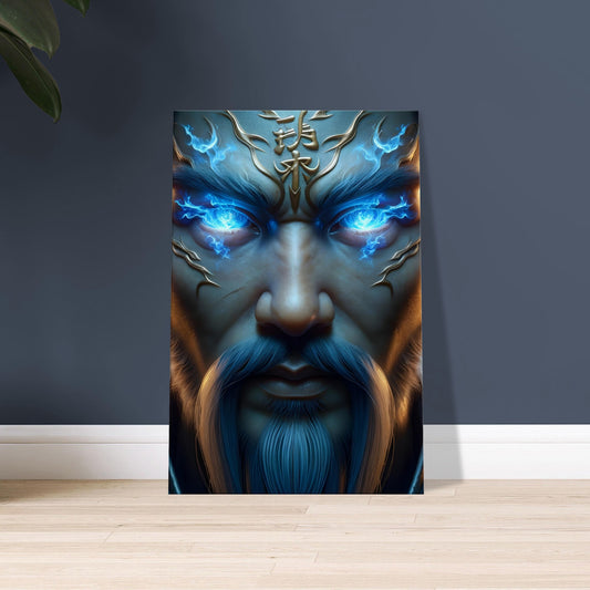 A Shaolin warrior's face with glowing blue flame eyes surrounded by ethereal blue fire in a mystical portrait.