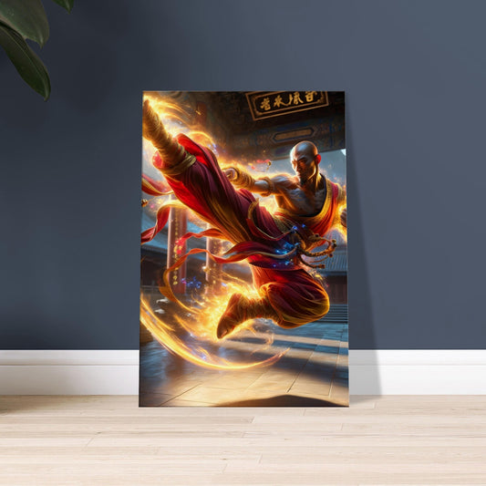 A Shaolin warrior mid-air in red and gold robes executes a flying kick in an ancient temple courtyard.