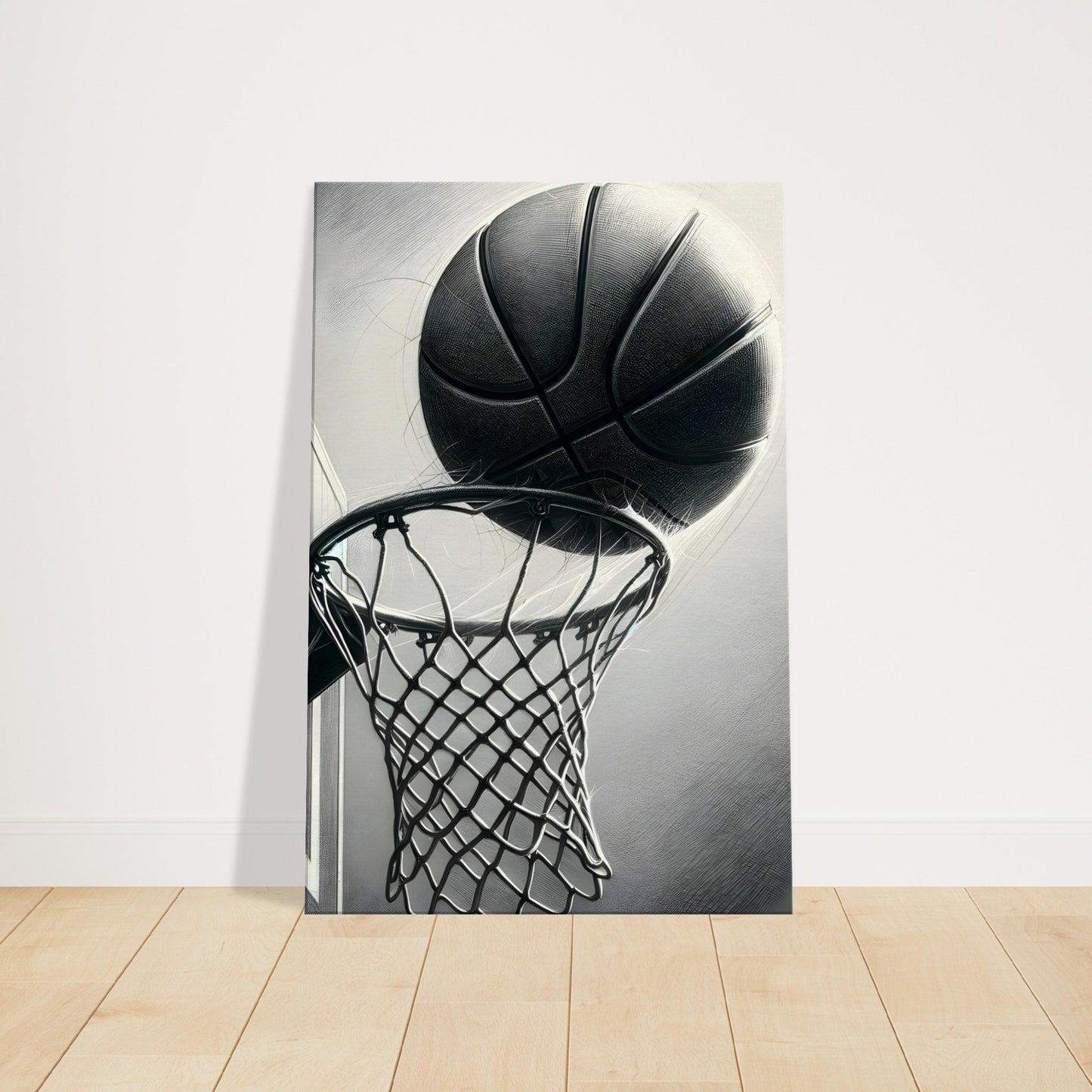 Pencil sketch of a basketball mid-air swishing through the hoop, showing the ball's arc and net tension in realistic detail.