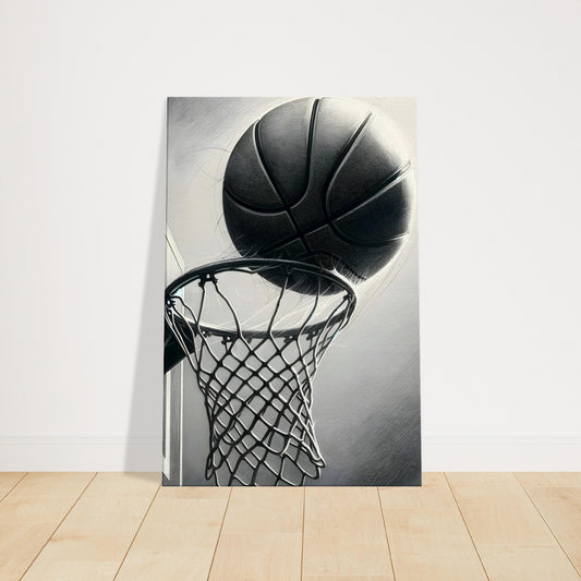 Pencil sketch of a basketball mid-air swishing through the hoop, showing the ball's arc and net tension in realistic detail.
