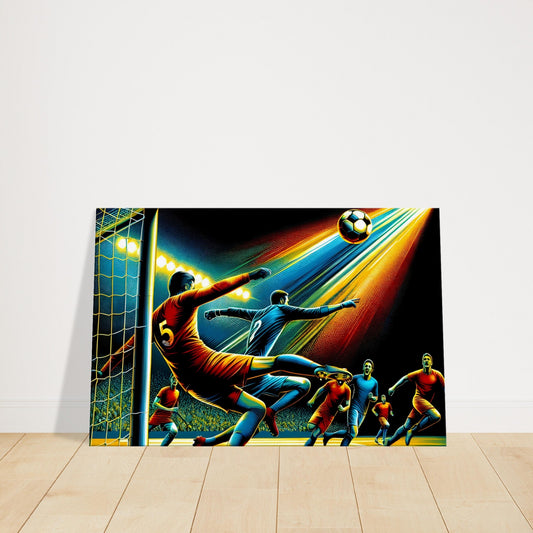 Canvas print of a football player striking the ball towards the goal with defenders in pursuit.