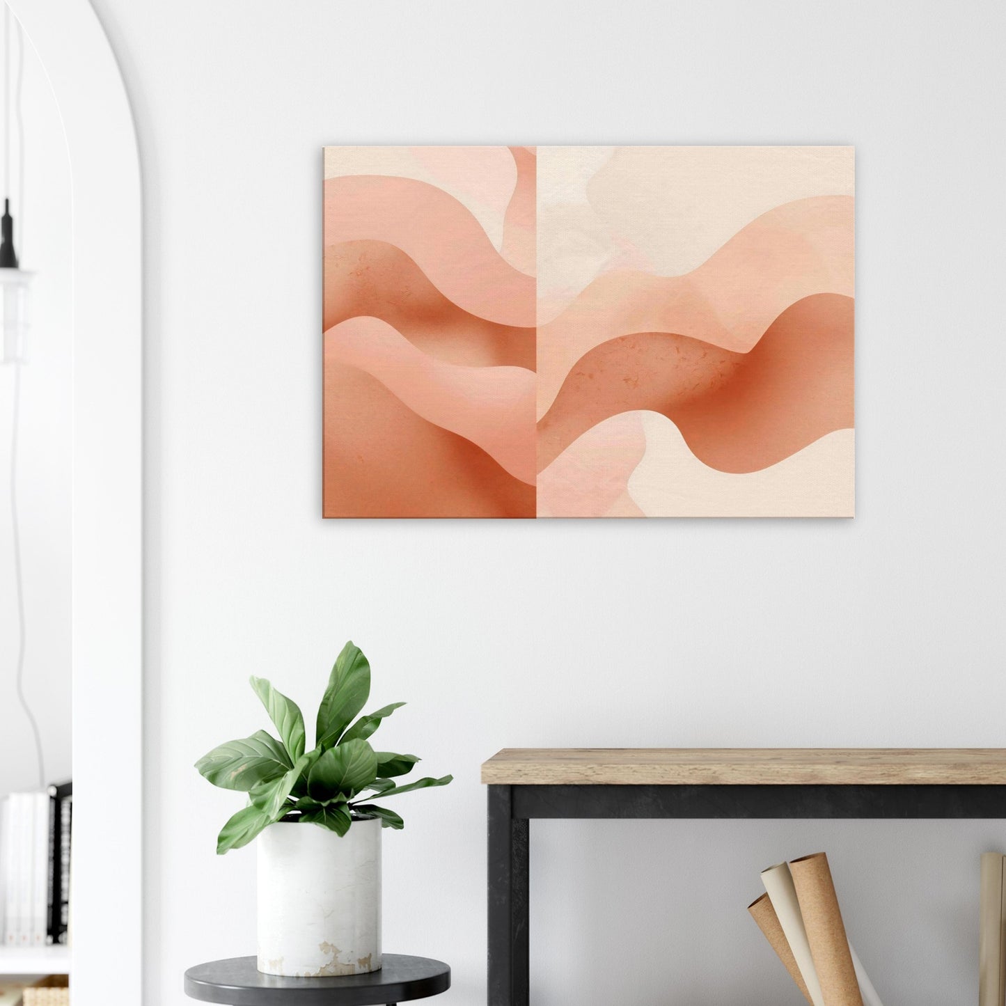 Warm abstract canvas artwork featuring flowing sienna and clay-toned curved formations.