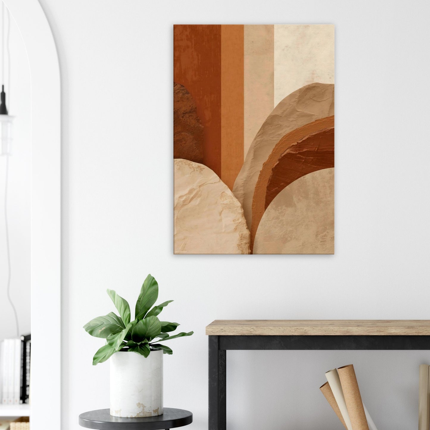 Portrait canvas with soft sienna, terracotta, and stone-toned vertical layered shapes.