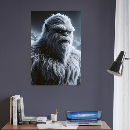 Metal poster of a Yeti with shaggy gray and white fur and glowing blue eyes, standing in a snowy, moonlit mountain landscape.