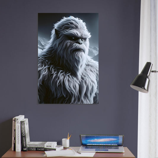 Metal poster of a Yeti with shaggy gray and white fur and glowing blue eyes, standing in a snowy, moonlit mountain landscape.