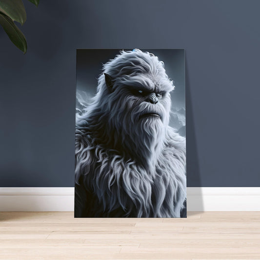 Artwork of a large Yeti with gray and white fur and glowing ice-blue eyes standing in a snowy mountain landscape under a full moon.