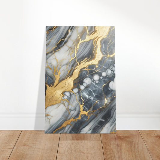 Silver marble wall art with intricate gold veining and a polished finish for a sleek, modern, and luxurious aesthetic.