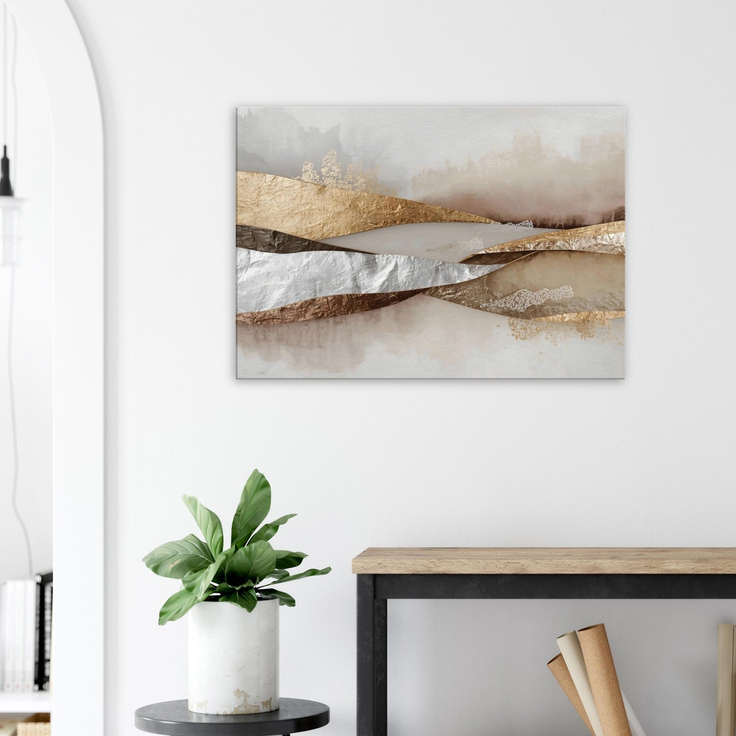 Landscape canvas with horizontal silver, grey, and cream metallic layers forming modern abstract textures.