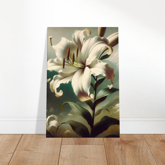 Painting of a white Siroi Lily with burgundy stamens set against a vintage-style classical landscape background. 