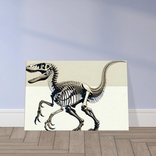 Illustration of a Velociraptor skeleton in a poised stance, highlighting its sharp claws, lightweight frame, and predatory features.
