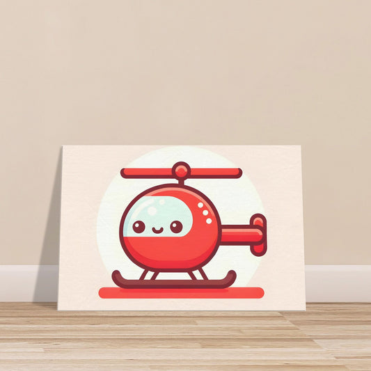 Cartoon-style red helicopter with large eyes on a soft light red to white gradient background.