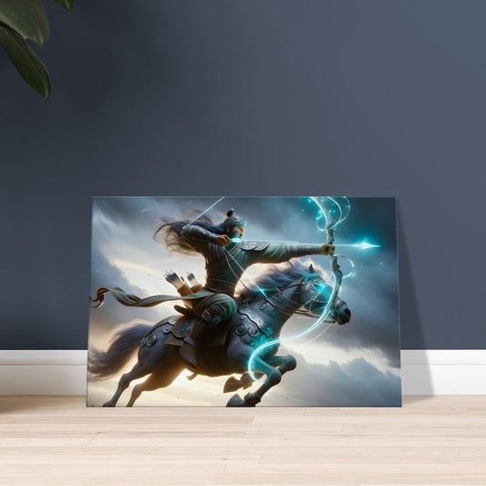 A Mongolian archer mid-leap with a glowing turquoise and silver bow over a stormy Mongolian steppe.