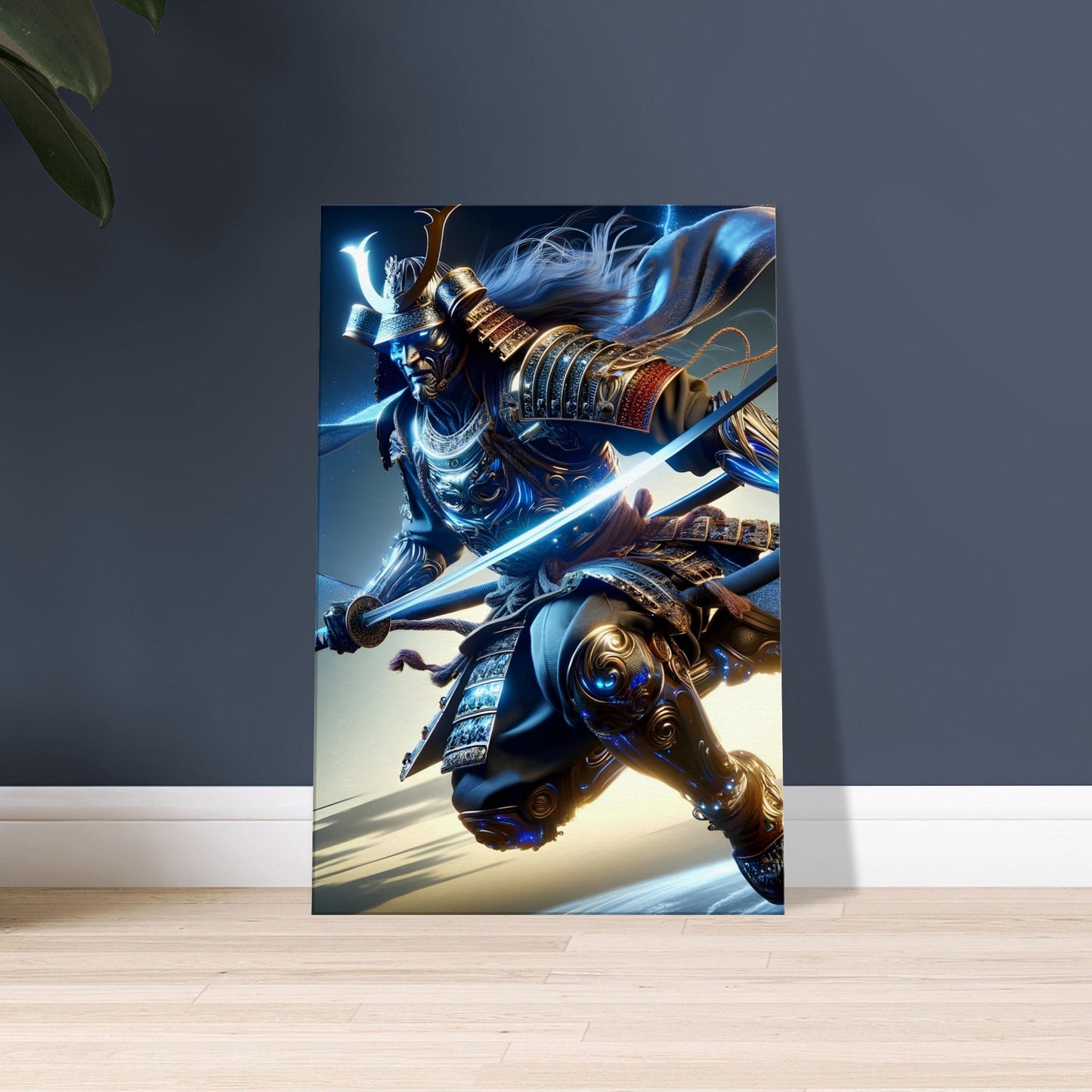 A Samurai in glowing electric blue and silver armor leaps through a dark night sky with katana drawn.