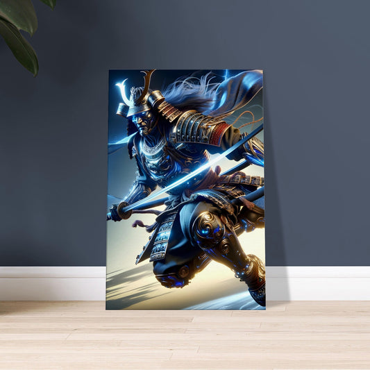 A Samurai in glowing electric blue and silver armor leaps through a dark night sky with katana drawn.