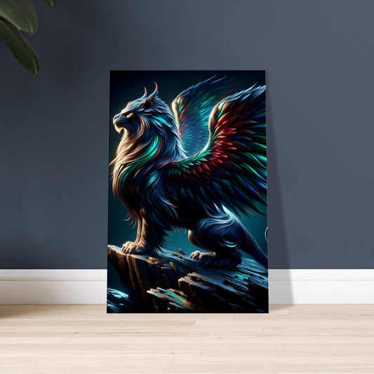 Artwork of a Griffin with glowing green, blue, and red feathers and fur, perched on a moonlit cliff under a night sky.