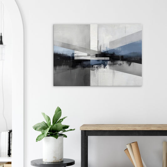 Landscape canvas with horizontal abstract layers of slate, steel, and soft white forming city skyline-inspired textures.