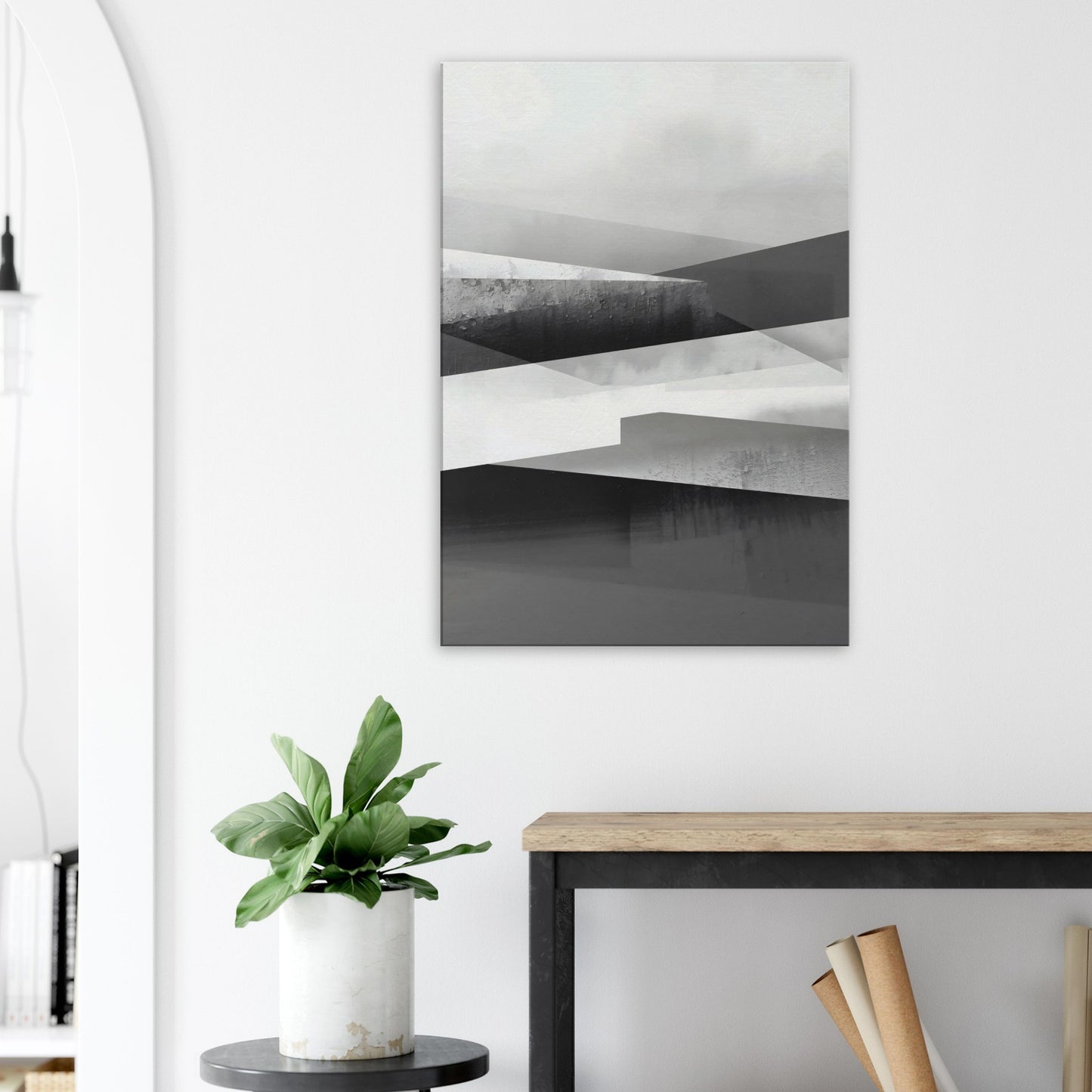 Portrait canvas with horizontal abstract layers of slate grey, soft steel, and pale white forming architectural-inspired textures.