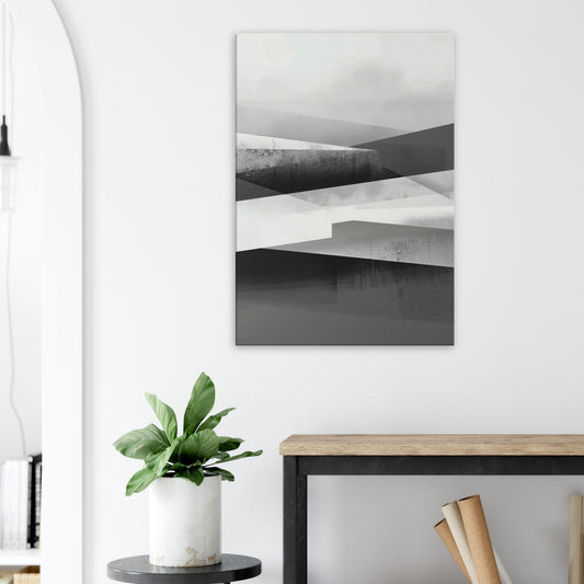 Portrait canvas with horizontal abstract layers of slate grey, soft steel, and pale white forming architectural-inspired textures.