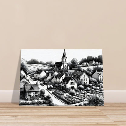 Monochrome sketch of a small country town with a church steeple, cottages, winding road, and lush countryside.