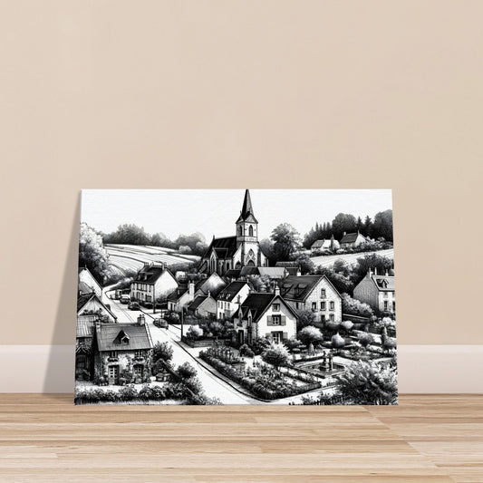 Monochrome sketch of a small country town with a church steeple, cottages, winding road, and lush countryside.