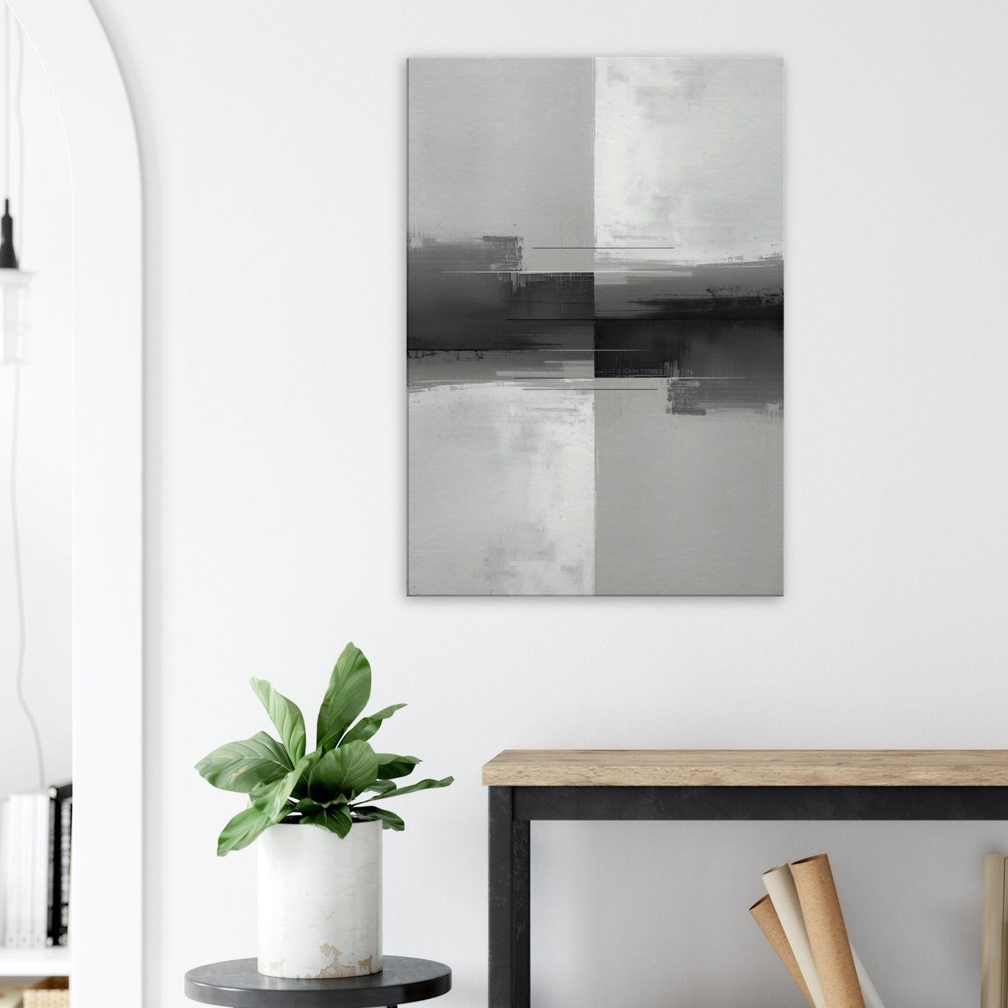 Portrait canvas with vertical abstract layers of steel, slate, and muted white forming city skyline-inspired textures.