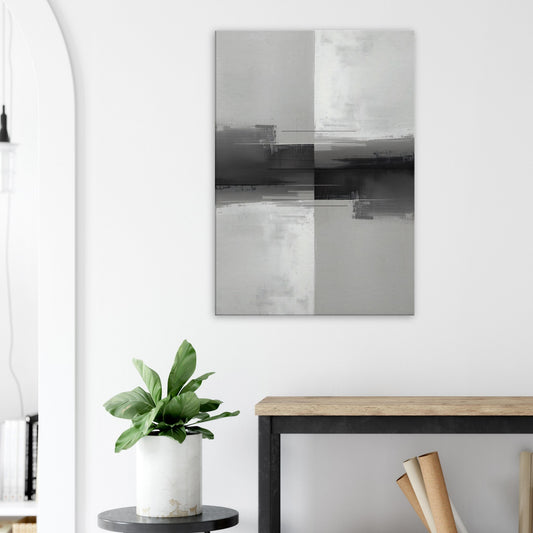 Portrait canvas with vertical abstract layers of steel, slate, and muted white forming city skyline-inspired textures.
