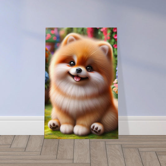 Illustration of a smiling Pomeranian dog sitting in a colorful flower garden, with sunlight filtering through the leaves.