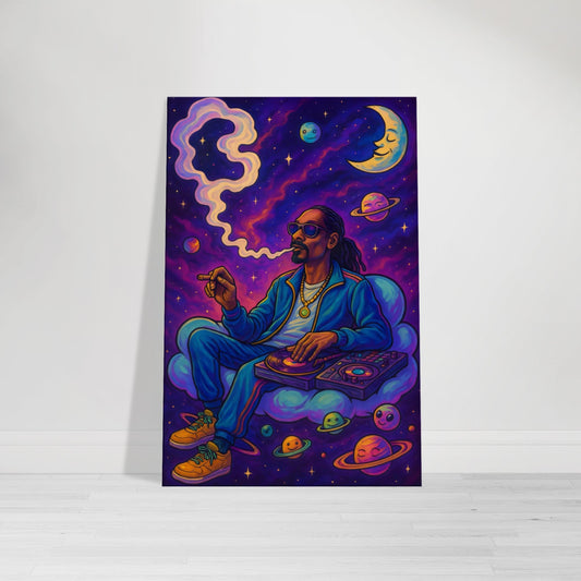 Cartoon of Snoop Dogg lounging on a cloud-shaped couch in a purple nebula, DJing for planets while smoke swirls through space.