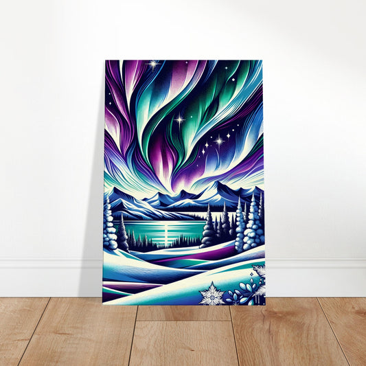 Pop art-style aurora lights in vibrant colors over snow-covered trees and mountains with starry sky.