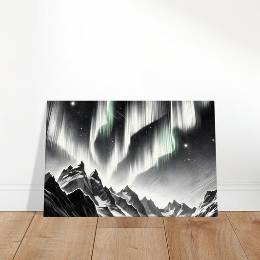 Black and white sketch of Northern Lights over snow-covered mountain peaks.