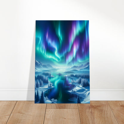 Aurora borealis in vibrant colors over snow-covered mountains and still icy waters under a clear night sky.