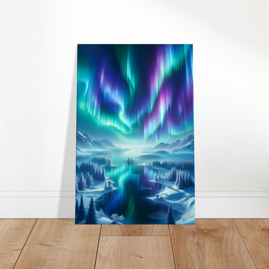 Aurora borealis in vibrant colors over snow-covered mountains and still icy waters under a clear night sky.