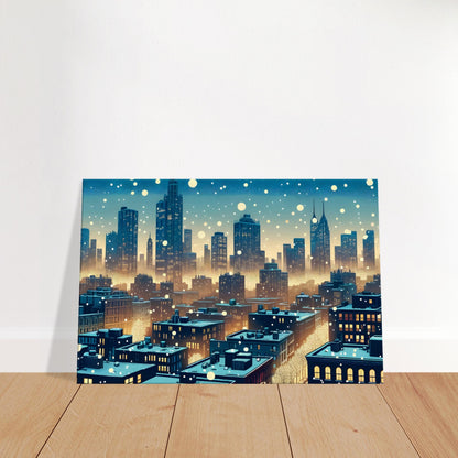 Pop art canvas of a snowy city at dusk with glowing windows and falling snowflakes