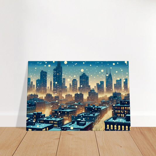 Pop art canvas of a snowy city at dusk with glowing windows and falling snowflakes