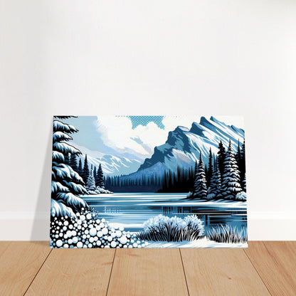 Pop art style winter scene with frozen mountain river and halftone snow-capped peaks in retro comic book aesthetic
