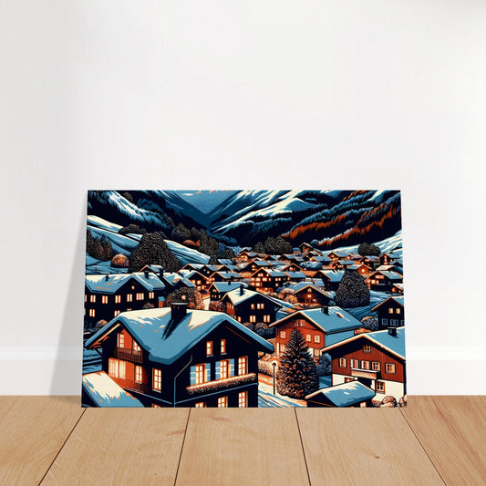 Pop art canvas of a snowy mountain village at night with glowing chalets and starry sky