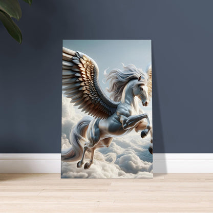 Artwork of Pegasus flying with outstretched shimmering wings against a cloudy sky backdrop.