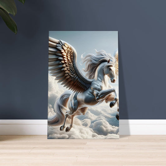 Artwork of Pegasus flying with outstretched shimmering wings against a cloudy sky backdrop.