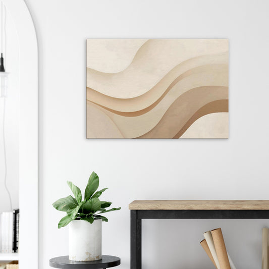 Neutral minimalist canvas art featuring soft curved shapes on a warm sandstone background.