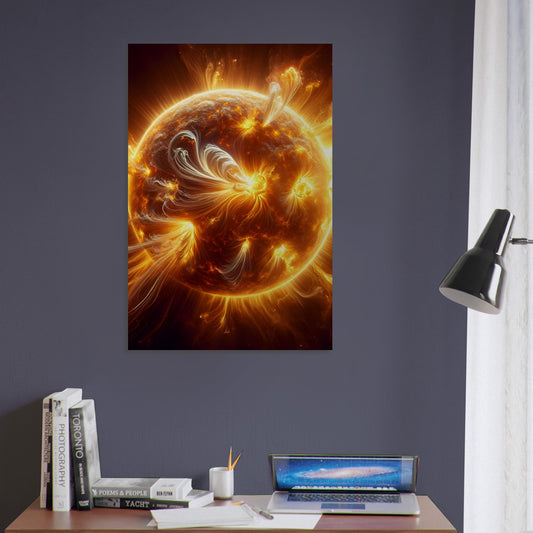 Metal poster of a fiery sun with bright solar flares and glowing prominences in vivid orange and yellow hues.