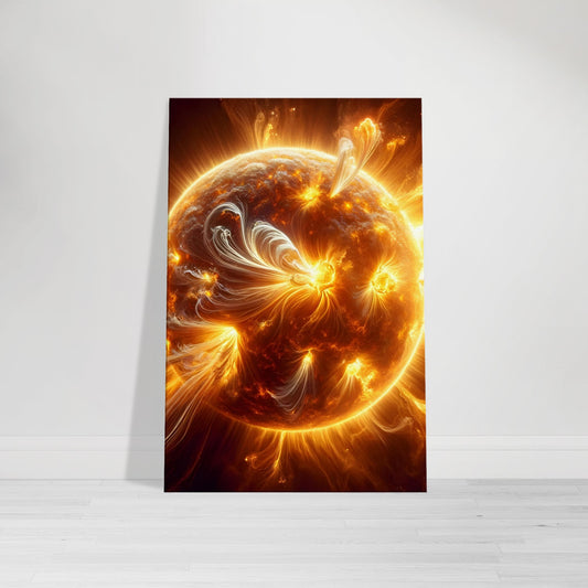 Canvas print depicting a fiery sun with solar flares and prominences in vivid orange and yellow tones.
