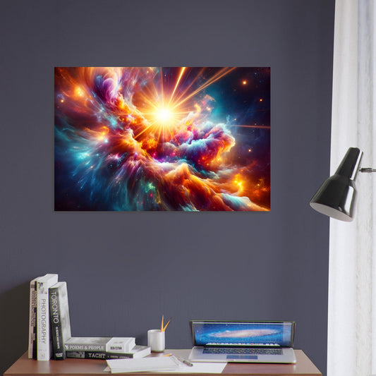 Metal poster showcasing a brilliant, colorful nebula with swirling gases, glowing supernova-like explosions, and intricate cosmic textures.