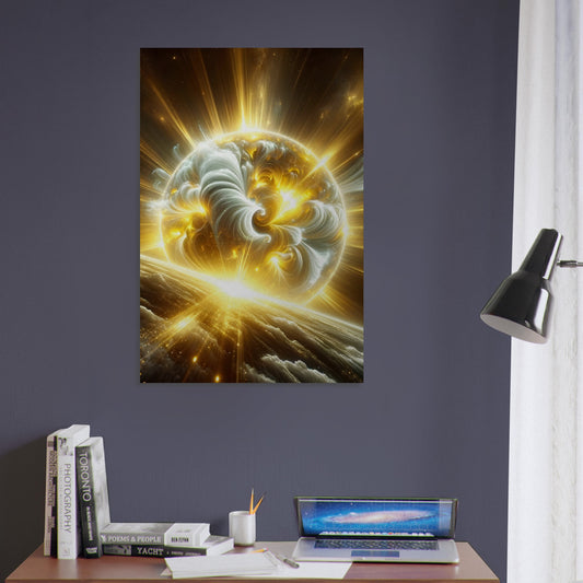 Metal poster of a bright yellow and white solar flare erupting from the sun with intense light and detailed textures.