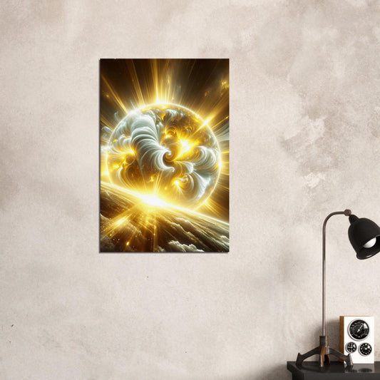 Canvas wall art showing a glowing yellow and white solar flare erupting with intense energy and solar detail.